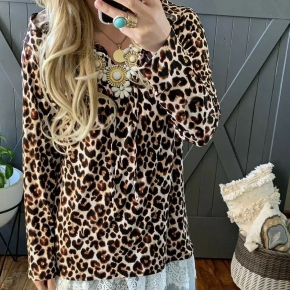 New Plus Size Leopard Animal Print Hooded Blouse - Picture 2 of 8